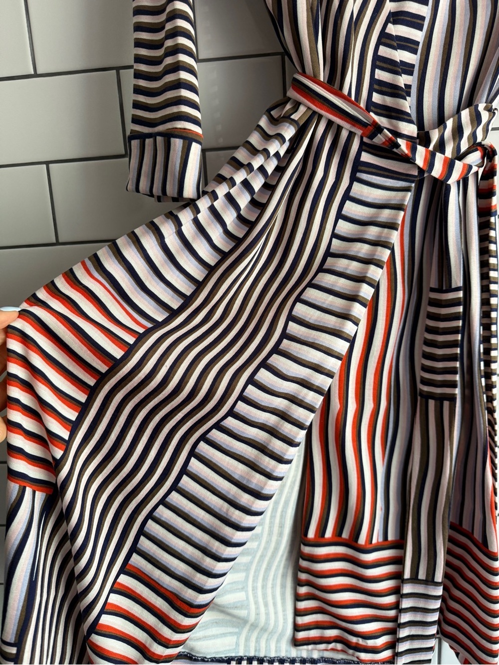 Diane Von Furstenberg Multi-Striped Wrap Midi Dress in Navy, White & Orange - Picture 8 of 9